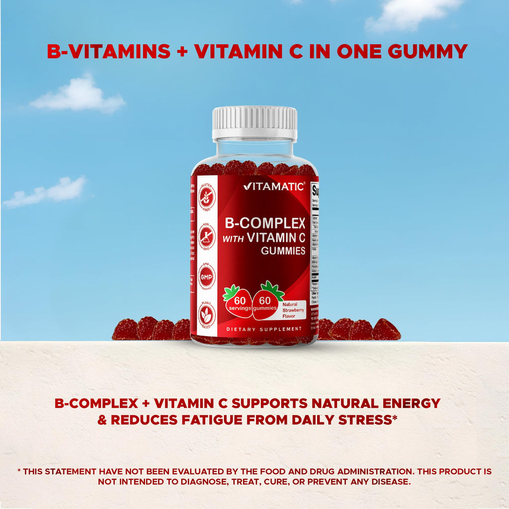 Vitamatic Vitamin B Complex Gummies with Vitamin C & Inositol - Natural Strawberry Flavor - 60 Gummies (2 Bottles)