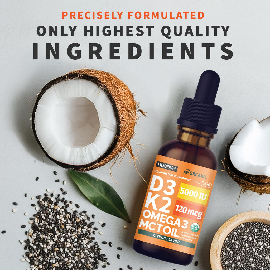 (2 Pack) Organic Vitamin D3 K2 Drops with MCT Oil Omega 3, 5000 IU, Maximum Strength Vitamin D Liquid, No Fillers, Non-GMO Liquid D3 for Faster Absorption, Immune Support (Citrus Flavor, 2 Fl Oz)