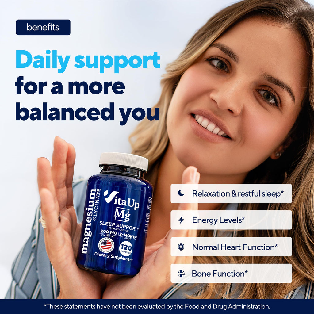 VitaUp Magnesium Glycinate 200mg - USA Made, Highly Absorbed, Non-GMO Magnesium for Relaxation, Deep Sleep, Bones & Heart - 200mg per Serving, 120 Vegan Capsules