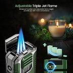 5-in-1 Torch Lighter with V-Shape Shear, Punch, Holder, and Draw Enhancer, Triple Windproof Flame, All-in-one Lighter with Multi-Functional Accessory, Refillable Butane Lighter with Gift Box for Men