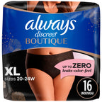 Always Discreet Boutique Incontinence and Postpartum Underwear for Women, Maximum Protection, Extra Large, Black, 16 Count