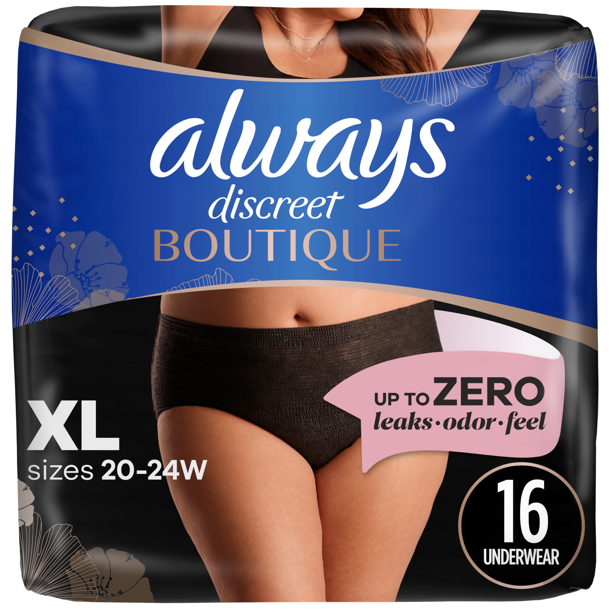 Always Discreet Boutique Incontinence and Postpartum Underwear for Women, Maximum Protection, Extra Large, Black, 16 Count