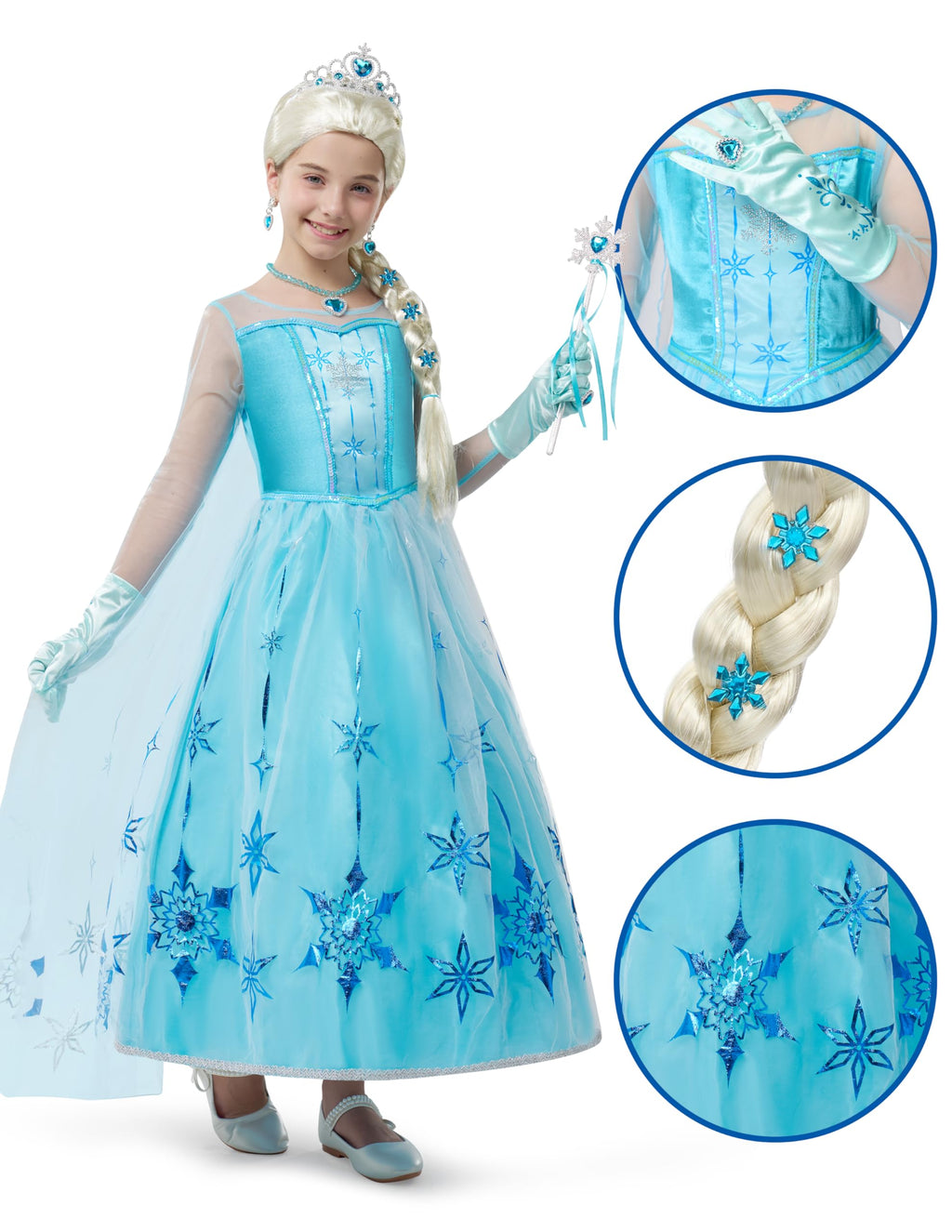 Spooktacular Creations Halloween Girls Ice Princess Dresses, Light-Up Princess Costume for Girls, Sequin Snowflake Long Cape Gown for Birthday, Halloween Dress-Up Party (Small, 5-7 yrs)