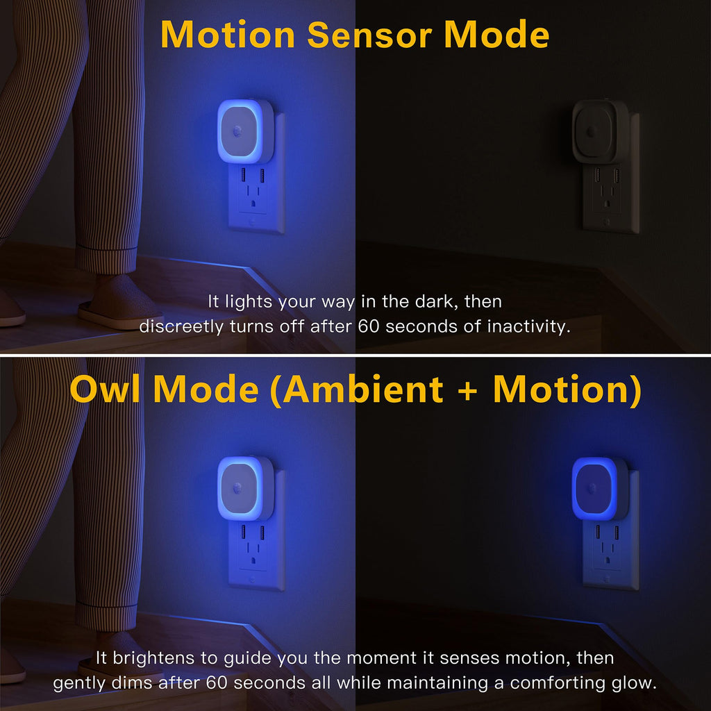 YUNLEX 2 Pack Plug in Night Light with Motion Sensor & Dusk to Dawn Sensor, 3 Sensor Modes, Blue Night Lights Plug into Wall, Dimmable Nightlight for Bathroom, Bedroom, Indoor