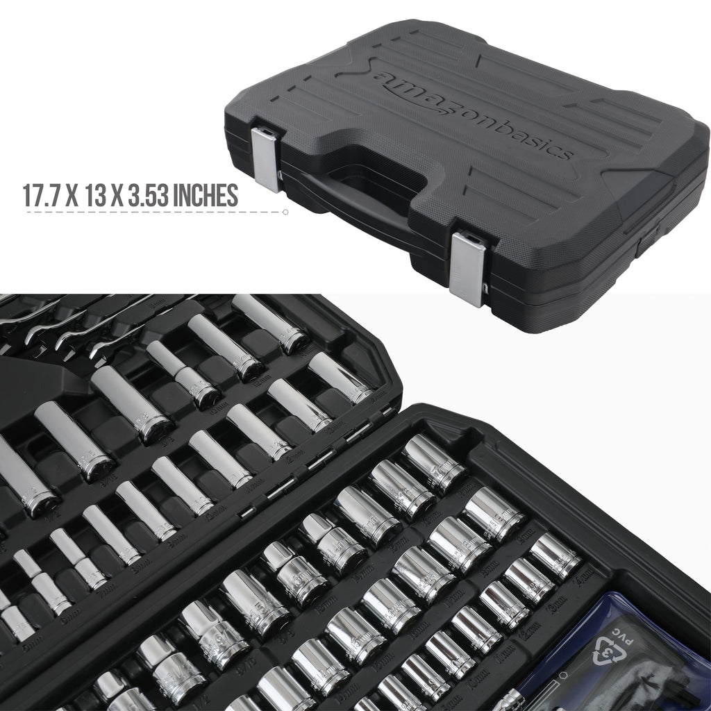 Amazon Basics 201-Piece Mechanic's Socket Tool Set With Case, SAE and Metric Sizes, Chrome-Vanadium Steel, Portable