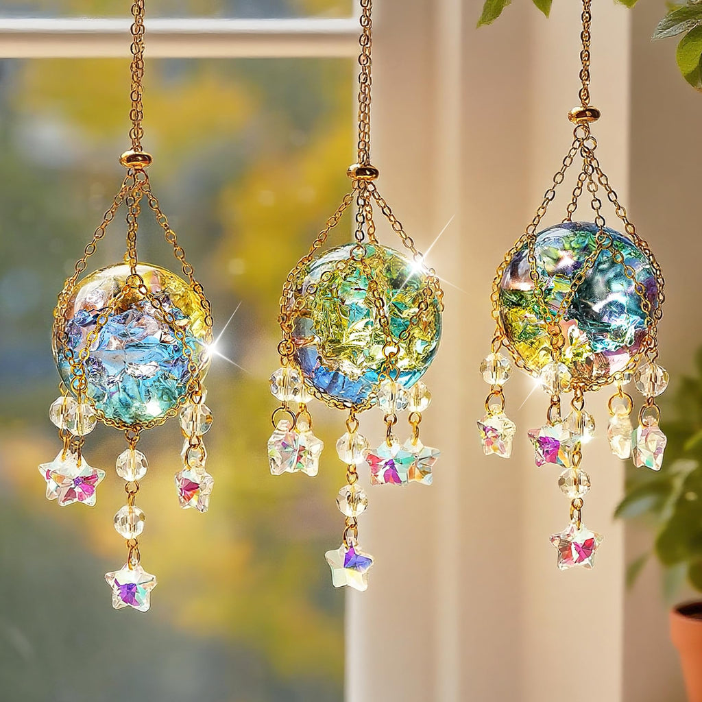 3 Pcs Crystal Suncatchers with 40mm Ice Cracked Ball Window Hanging Pendant