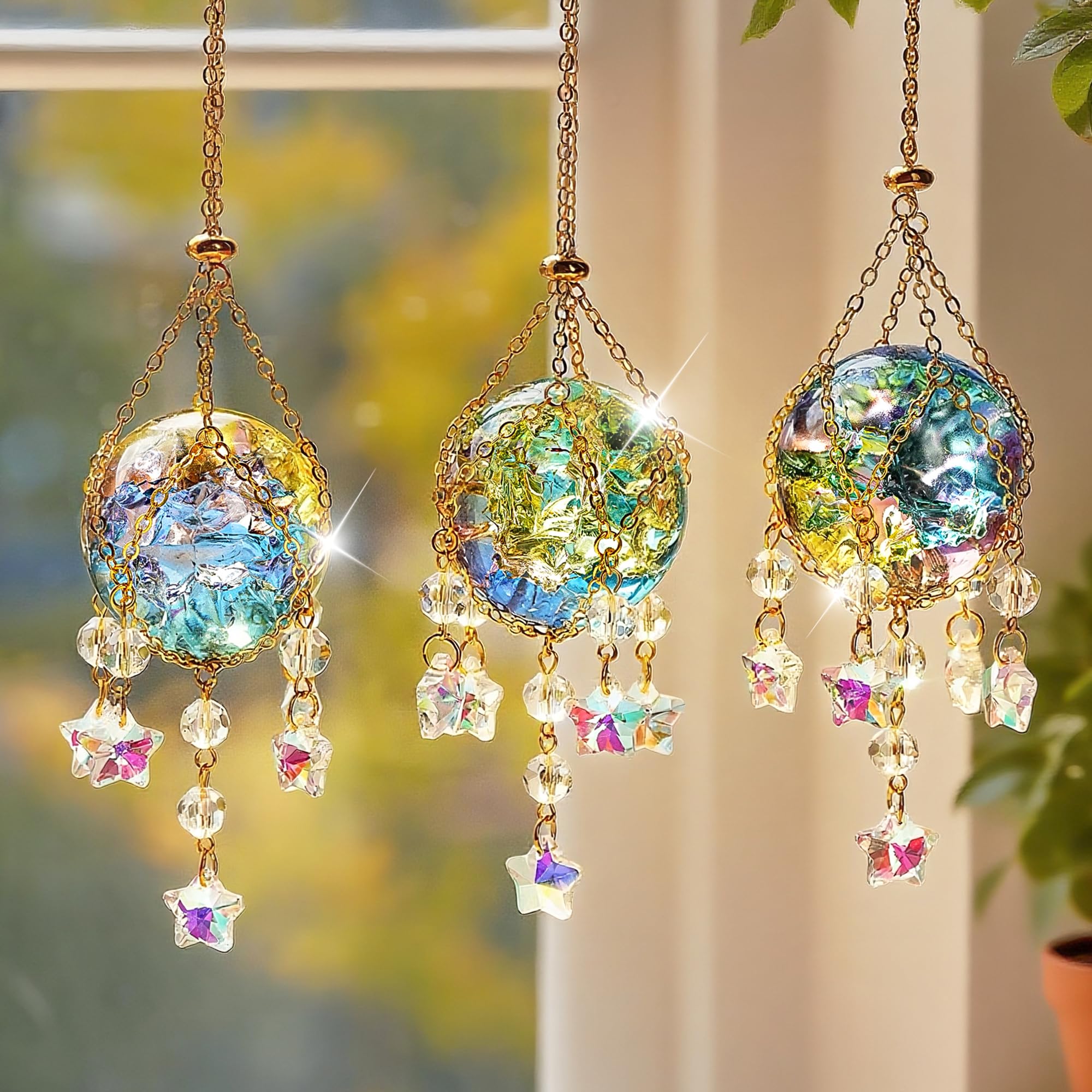 3 Pcs Crystal Suncatchers with 40mm Ice Cracked Ball Window Hanging Pendant