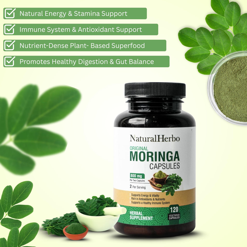 NaturalHerbo Pure Moringa Capsules - Pure Moringa Leaf Extract for Natural Energy, Digestion & Daily Wellness | Green Superfood Supplement | Vegan, Non-GMO, Gluten-Free | 120 Capsules (800mg)