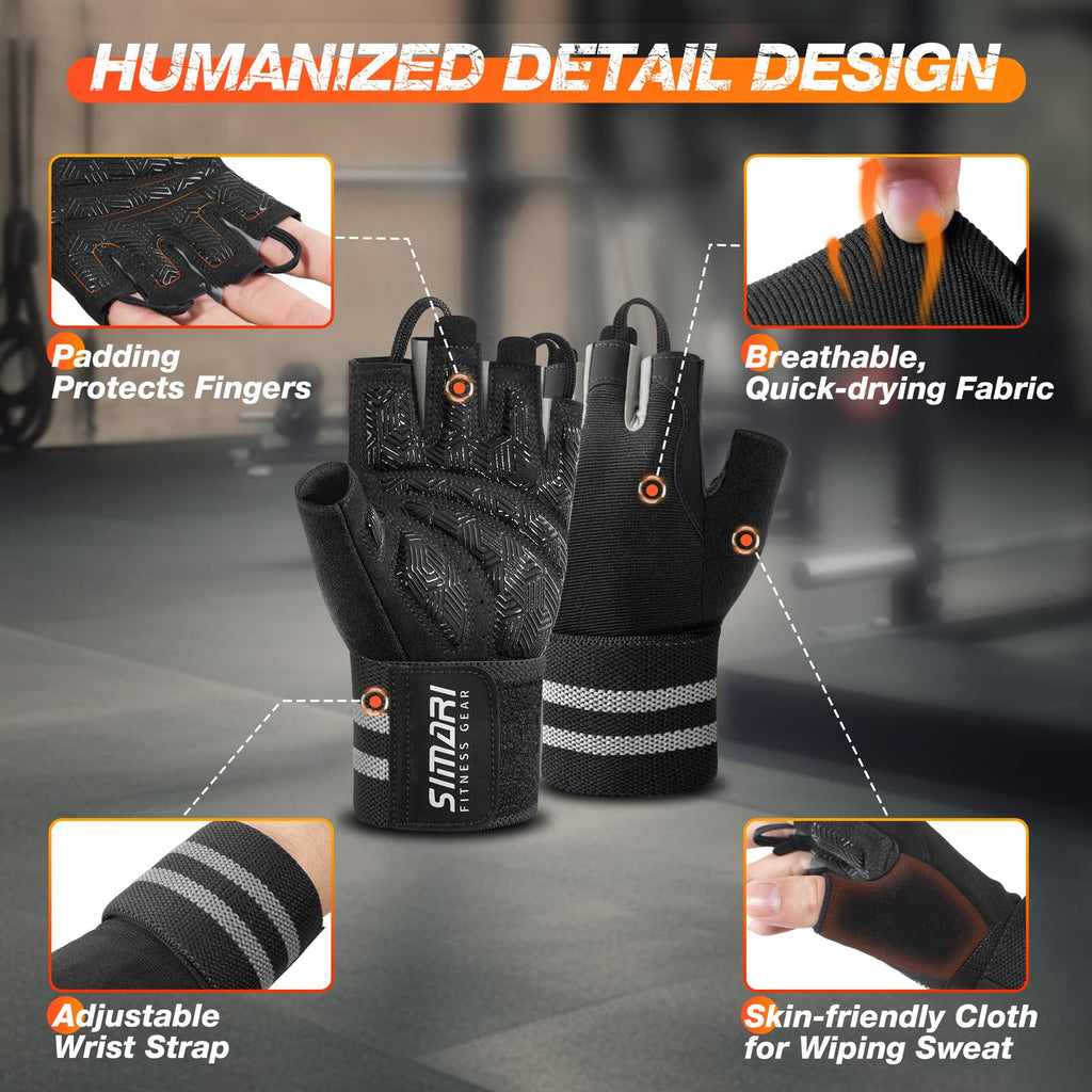 SIMARI Wrist Support Workout Gloves for Men & Women, Weight Lifting Gloves with Padded, Grip, Full Palm Protection, Gift for Gym Exercise, Cycling, Weightlifting Training, Fitness, Black Gray, Size L