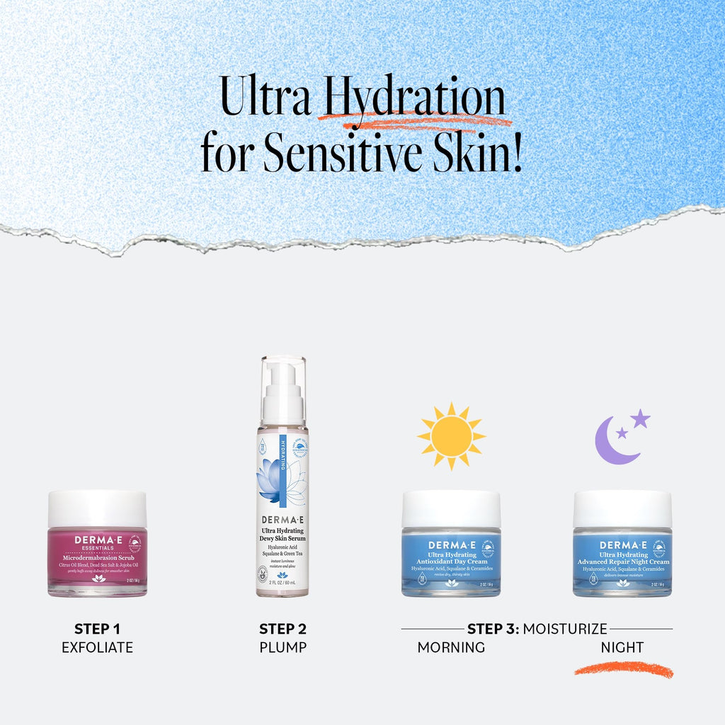 Derma E Ultra Hydrating Night Cream, Advanced Repair Overnight Face Moisturizer with Hyaluronic Acid to Replenish, Smooth and Nourish Skin, 2 oz