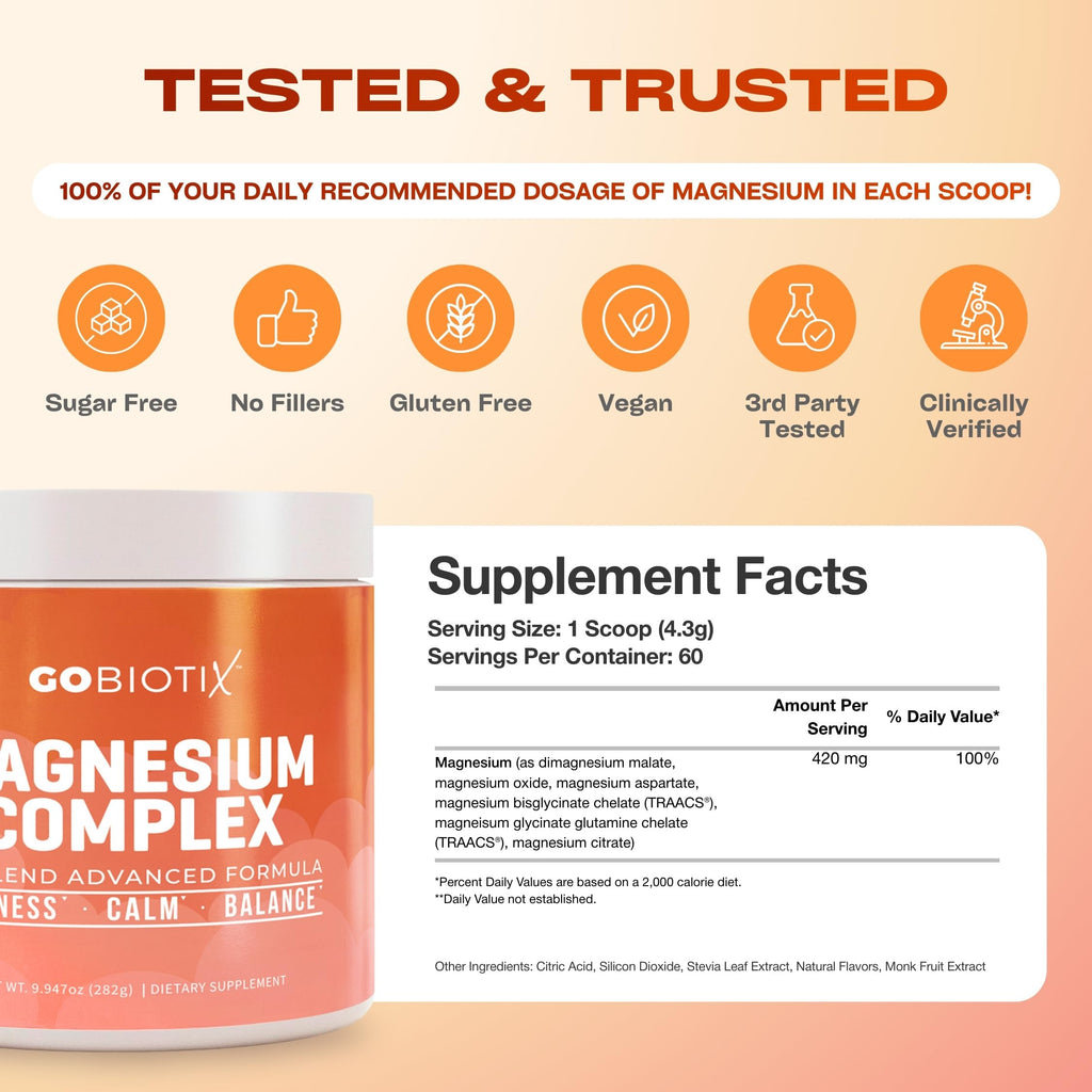 GoBiotix Magnesium Glycinate Powder – Cortisol Supplements for Women and Men – High Absorption Magnesium Complex Calm Supplement with Citrate, Malate – Sugar Free – 420 mg, 60 Servings - Peach Tea