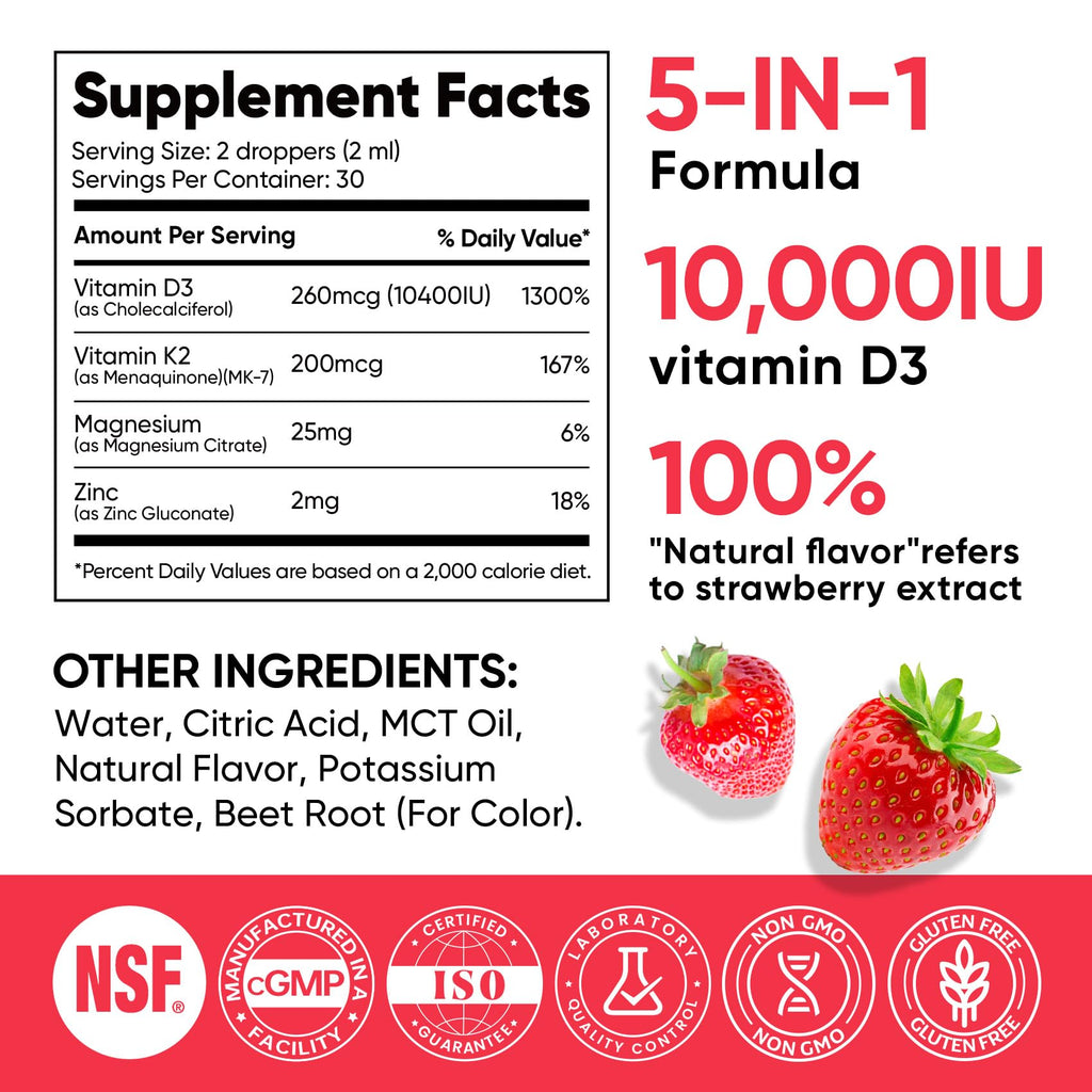 Venture Pal 5-in-1 Vitamin D3 10000 IU & K2 as MK-7 200mcg with Magnesium, MCT Oil, Zinc, Sugar-Free Vitamin D Liquid |Maximum Absorption for Bone, Mood & Immune Health - 2 FL OZ, 67 Days