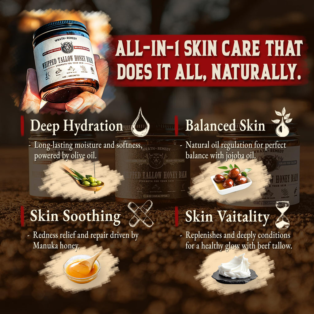 Organic Beef Tallow for Skin - 4 OZ (Vanilla) — Grass Fed Beef Tallow for face + Body — US-Made Whipped Tallow and Honey Balm Moisturizer for Dry and Sensitive Skin, Eczema, Rosacea (No Additives)