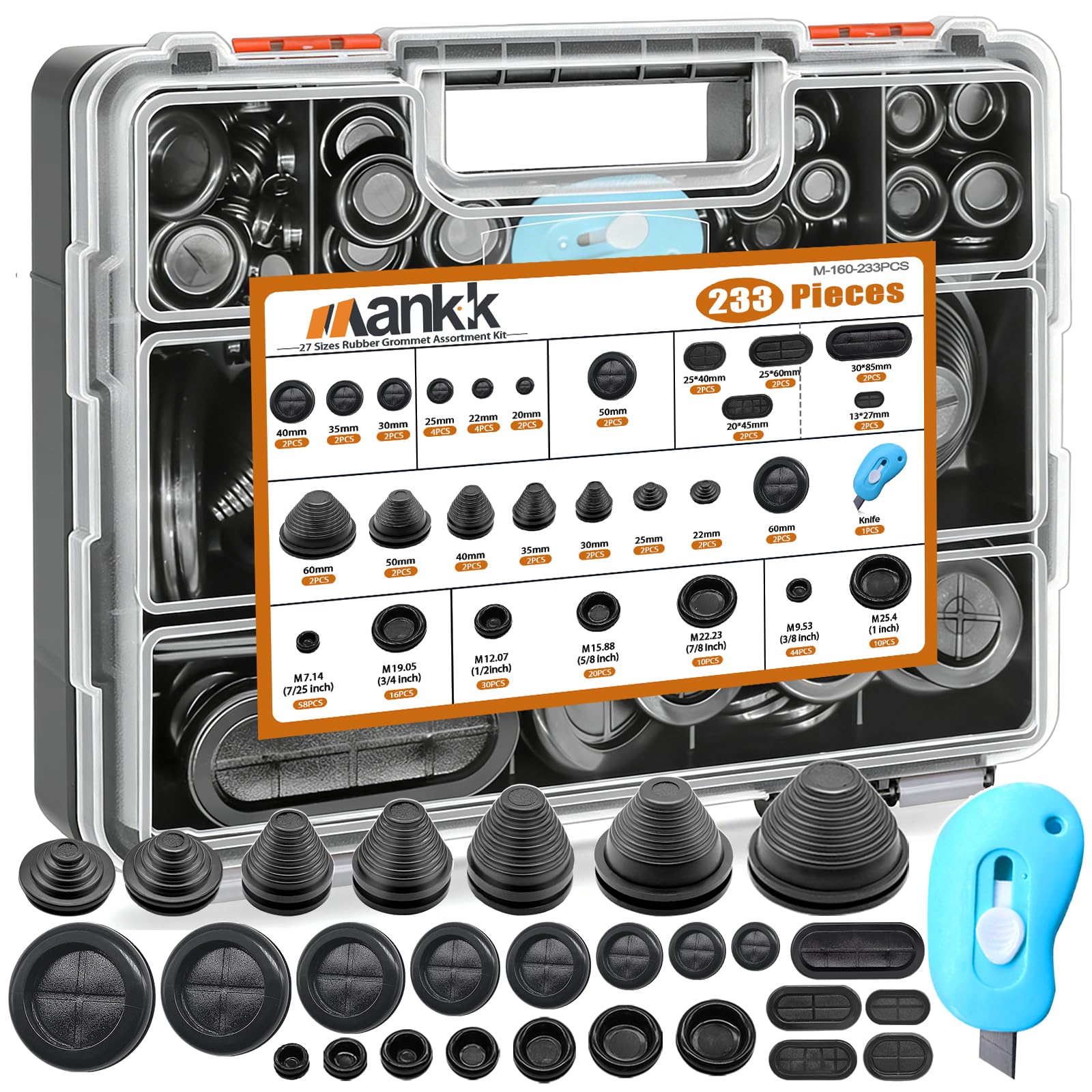 mankk 233PCS Rubber Grommet Kit 27 Sizes (7/25"-2-3/8") Tower/Oval/Round Firewall Grommet Wire Grommet Double Sided Rubber Hole Plug with Knife for Wire Protection
