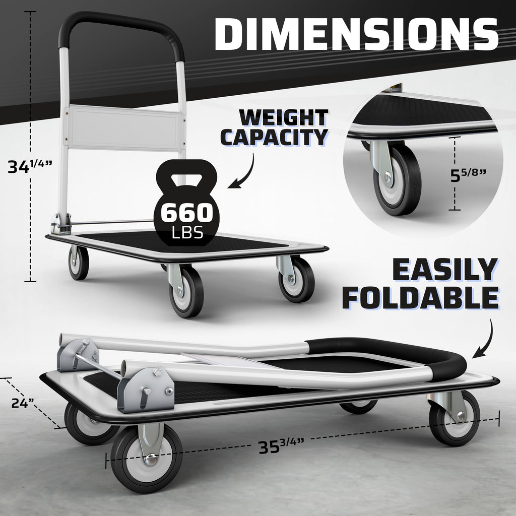 Heavy Duty Foldable Push Cart Dolly | 660 lbs. Capacity | Upgraded Collapsible Hand Truck Folding Platform with Swivel Wheels | Flat Bed Moving Wagon | Space Saving Push Handle (White)