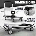Heavy Duty Foldable Push Cart Dolly | 660 lbs. Capacity | Upgraded Collapsible Hand Truck Folding Platform with Swivel Wheels | Flat Bed Moving Wagon | Space Saving Push Handle (White)