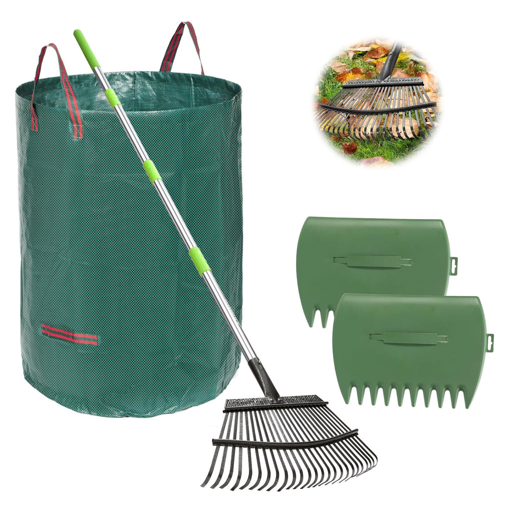 65 Inch 25 Tines Metal Leaf Rake Set with 32 Gal Bags Scoops, 18in Wide