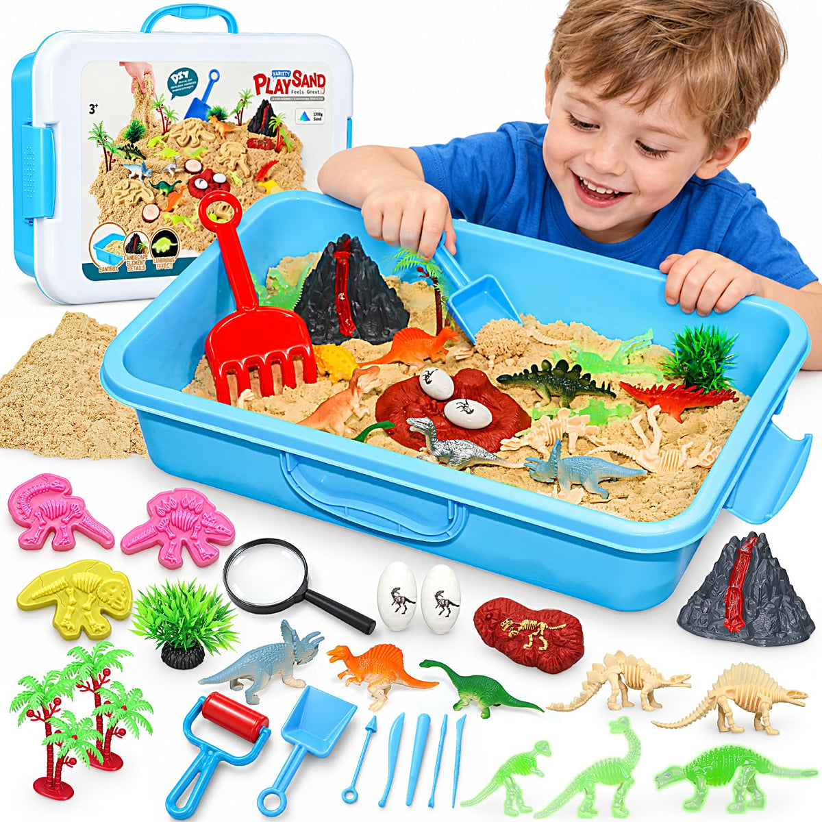 Pakimio Dinosaur Sensory Sand Kit, Lidded Dino Sensory Bin Sandbox for Kids
