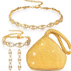 MTLEE 4 Pieces Rhinestone Necklace Choker Bracelet Earring Clutch Purses Jewelry Set Women Crystal Triangle Bling Diamond Purse Rhinestone Bag for Wedding Party (Gold)