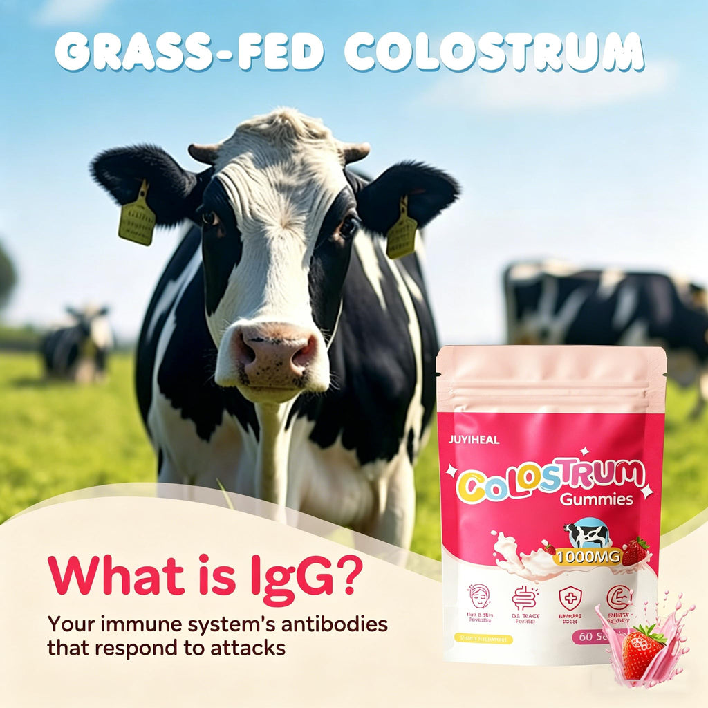 JUYIHEAL Core Bovine Colostrum Gummies, 1g Per Serving Grass Fed Colostrum Chews Colostrum Supplement for Gut Health, Hair Growth, Beauty, and Immune Support, Strawberry Flavor 60 Servings