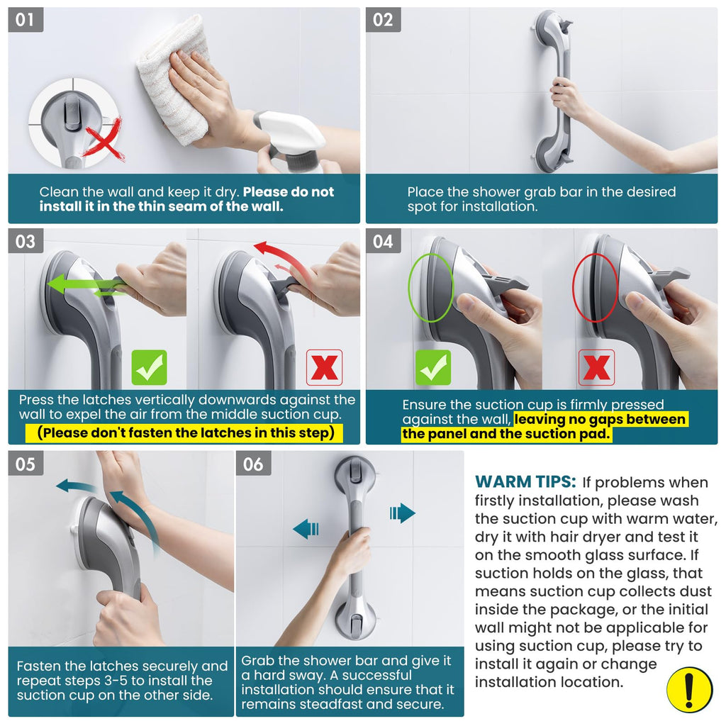 TAILI Shower Grab Bar 16 Inch Suction Cup Grab Bars for Bathroom, Removable Shower Safety Handle Heavy Duty Bathtub Grip for Seniors & Elderly, Strong Handrails No Drilling Waterproof, Silver
