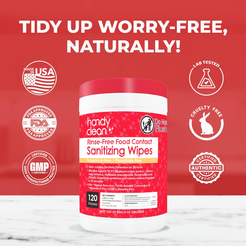 HandyClean Rinse-Free Food Contact Sanitizing Wipes Canister, Multi Surface Cleaning Wipes Cleaning Supplies for Kitchen and Professional Setting 6-Pack (120 Wipes Each)