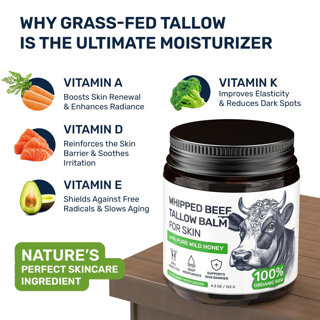Beef Tallow for Skin – Grass Fed Whipped Tallow and Honey Balm, Face and Body Moisturizer with Beeswax and Wild Honey, 3-Ingredient Fragrance Free Non Comedogenic Formula for Dry Sensitive Skin