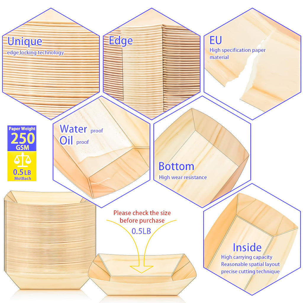 MotBach 200 Pack Wood Grain 1/2Lb Paper Food Boat Trays Disposable Small Paper Boats Plates Containers, 0.5Lb Mini Kraft Food Serving Tray Boat Basket Bowl for Snack Fries Dessert Popcorn Taco Nacho