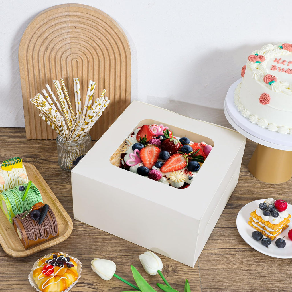 Moretoes 24pcs Cake Boxes, 10x10x5 Inches White Square Bakery Boxes with Window Cajas Pasteles for Cake, Mother's Day, Pastries, Chocolates, Cookies, Pie, Birthday Party, Wedding, Graduation