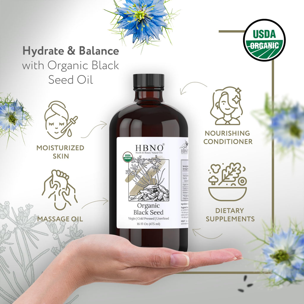 HBNO Organic Black Seed Oil - Huge 16 oz (475ml) Glass Bottle Value Size - USDA Certified Organic Black Seed Oil, Cold Pressed for Face, Body, Lips, Shampoo & Conditioner