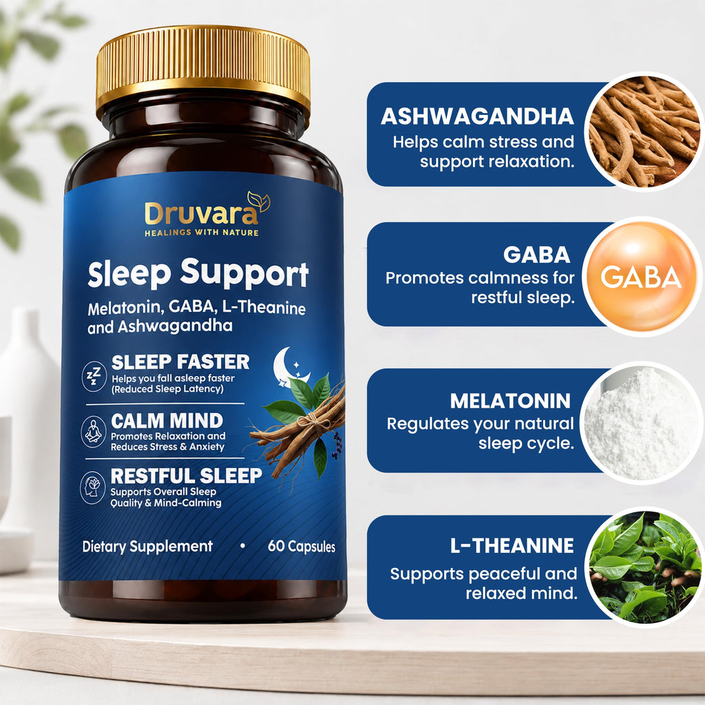 Druvara Natural Sleep Aid for Adults with Melatonin, GABA, L-Theanine & Ashwagandha, Natural Sleep Supplement for Deep, Restful Sleep - 60 Capsules