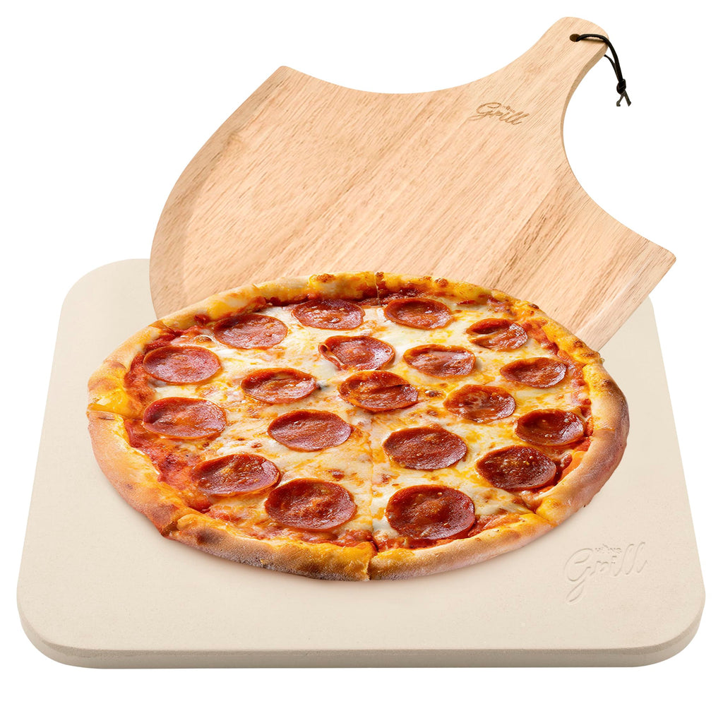 Hans Grill Rectangular Pizza Stone with Peel, 15 x 12 Inch Cordierite Stone