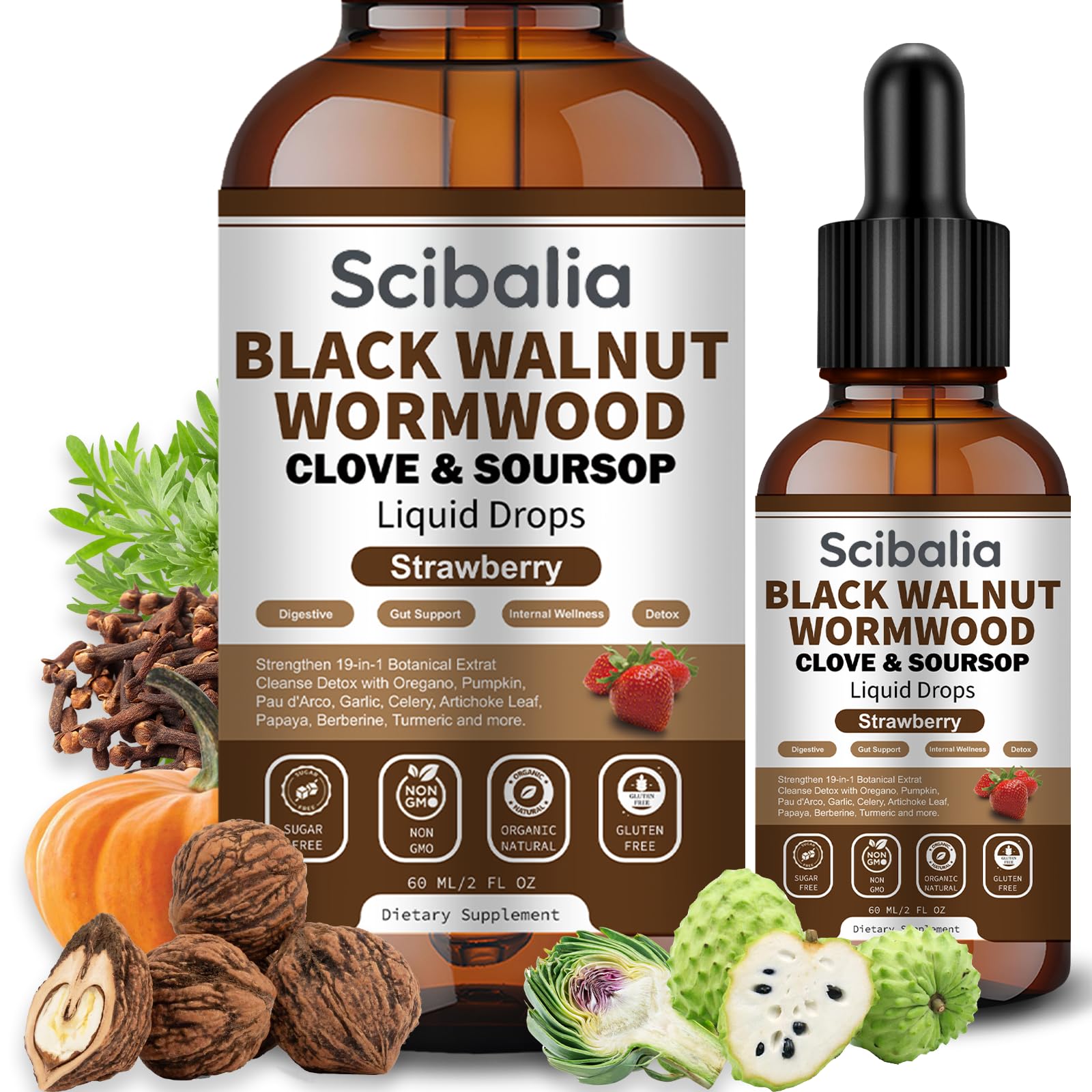 Scibalia Wormwood Black Walnut Clove Cleanse for Human Drops, 19-in-1 Triple-Action Gut Detox & Digestive Wellness Organic Wormwood Tincture w. Soursop Pumpkin Garlic Oil of Oregano, Vegan