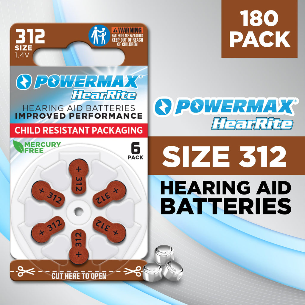 Powermax Size 312 Hearing Aid Batteries, 180 Count Long-Lasting Battery Pack, Brown Long Tab for Easy Change