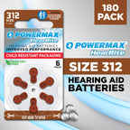 Powermax Size 312 Hearing Aid Batteries, 180 Count Long-Lasting Battery Pack, Brown Long Tab for Easy Change