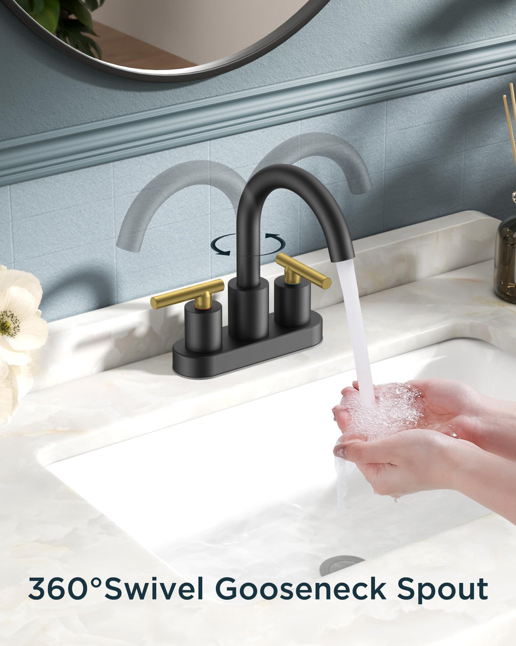 FORIOUS 4 in Black and Gold Bathroom Faucet Centerset, 2 Handle Matte Black Swivel Faucet for Bathroom Sink 2 or 3 Hole with Pop up Drain and cUPC Supply Hose, Suitable for Vanity RV Restroom