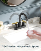 FORIOUS 4 in Black and Gold Bathroom Faucet Centerset, 2 Handle Matte Black Swivel Faucet for Bathroom Sink 2 or 3 Hole with Pop up Drain and cUPC Supply Hose, Suitable for Vanity RV Restroom