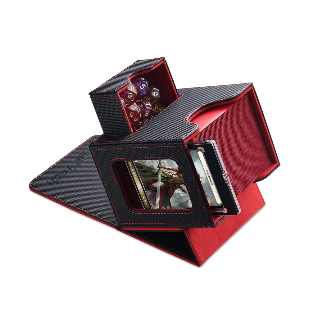 Mage Tech Card Deck Box for MTG Commander - Patented Design, Commander Display, Fits 100 Double-Sleeved Cards, 35pt Card Brick & Dice Tray - Black/Red