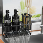 MASADI Kitchen Dish Soap Dispenser Set with Sponge Holder, 12OZ Glass Bottle, Hand and Dish Soap Dispenser Set, Non-Slip Silicone Pad, Brush Holder, Kitchen Sink Organizer Countertop (Black)