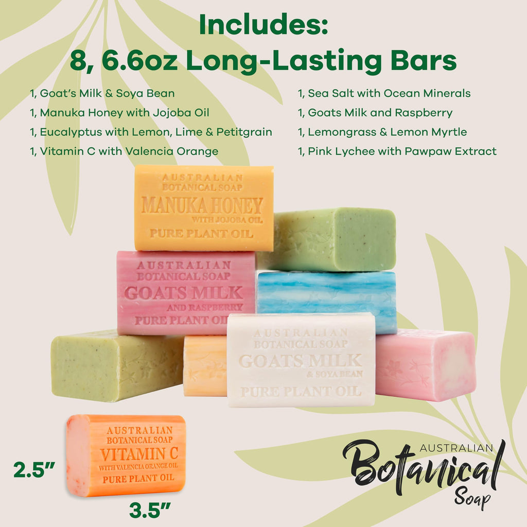 Australian Botanical Soap Variety Pack, 6.6 oz Bars – Goat Milk, Eucalyptus, Manuka Honey, Sea Salt, Pink Lychee, Lemongrass, Raspberry, Valencia Orange – Enriched with Organic Shea Butter, Pack of 8