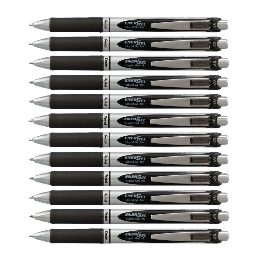 Pentel EnerGel RTX Retractable Liquid Gel Pen, (0.7mm) Medium Line, Metal Tip, Black Ink, Box of 12 (BL77-A)
