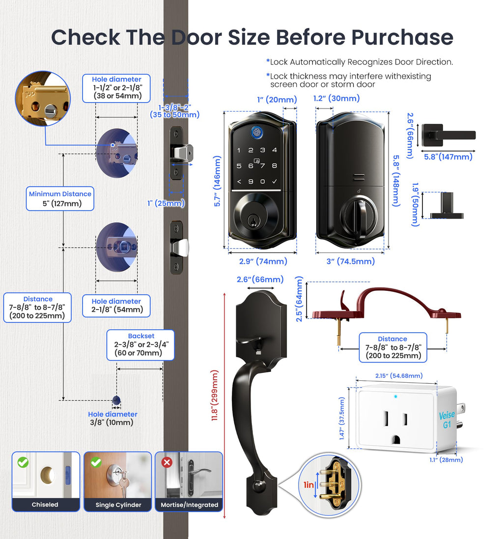 Veise VE017G-H Wi-Fi Smart Fingerprint Front Door Lock Set, Remote App Control, Keyless Entry Deadbolt with Handle, Backlit Keypad, IP55 Weatherproof, Auto Lock, Easy to Install, Matte Black