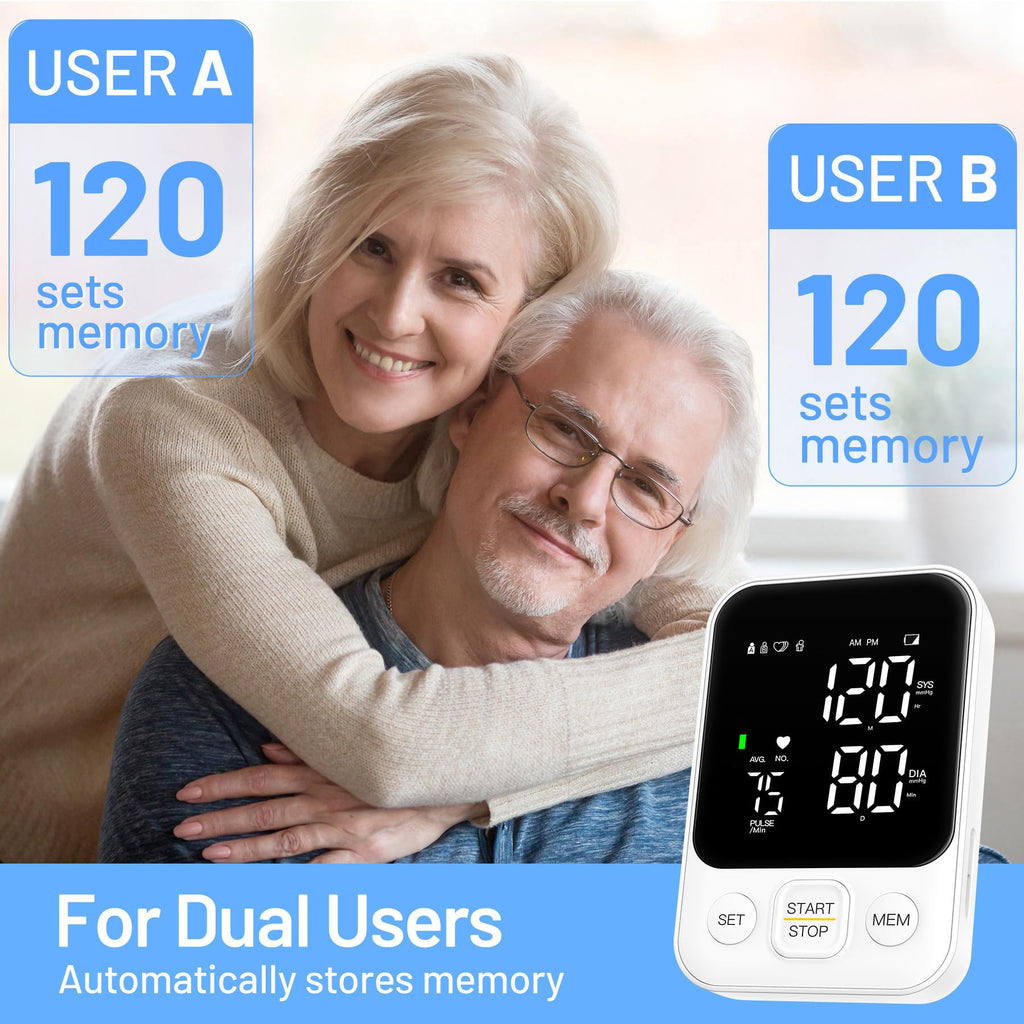 Blood Pressure Monitor Upper Arm Machine Accurate Adjustable BP Cuff Kit Led Backlit Display 2 Users 240 Sets Memory Includes Storage Bag White