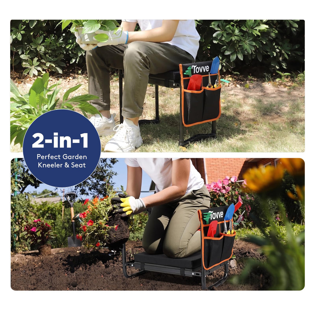 Tovve Foldable Garden Kneeler and Seat, Heavy Duty Garden Stool with 10" Wide Detachable Kneeling Pad, Portable Garden Bench Chair with Large Garden Tool Bag, Gardening Gifts for Women, Seniors, Mom