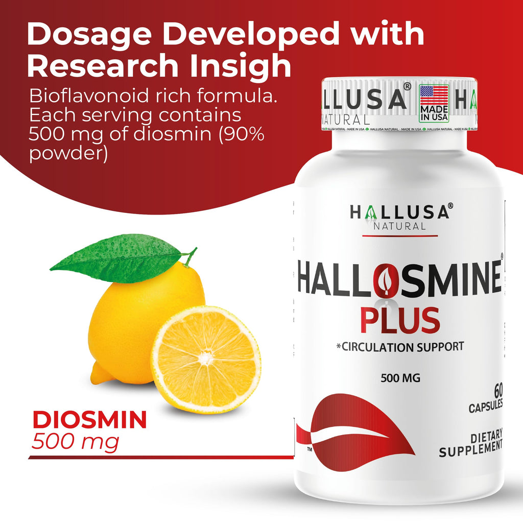 Hallusa Natural Hallosmine Plus Diosmin 500mg + Bonus Leg Cream | Circulation & Vein Support for Swelling & Heavy Legs, Lymphatic Drainage, Blood Flow, Vascular Health & Visible Veins, 60 Capsules