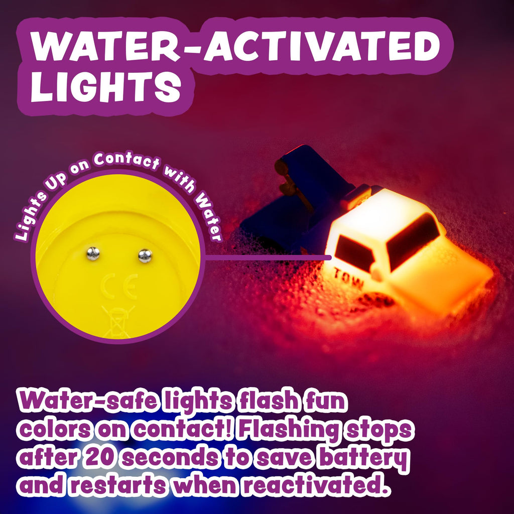 Tub Works® Emergency™ Cars Light Up Bath Toys, 6 Pack | Water-Activated Light Up Toys Flash & Change Color | Soft, Squeezable Baby & Toddler Bath Toys | Sensory Toys with Bath Lights for Kids Bath