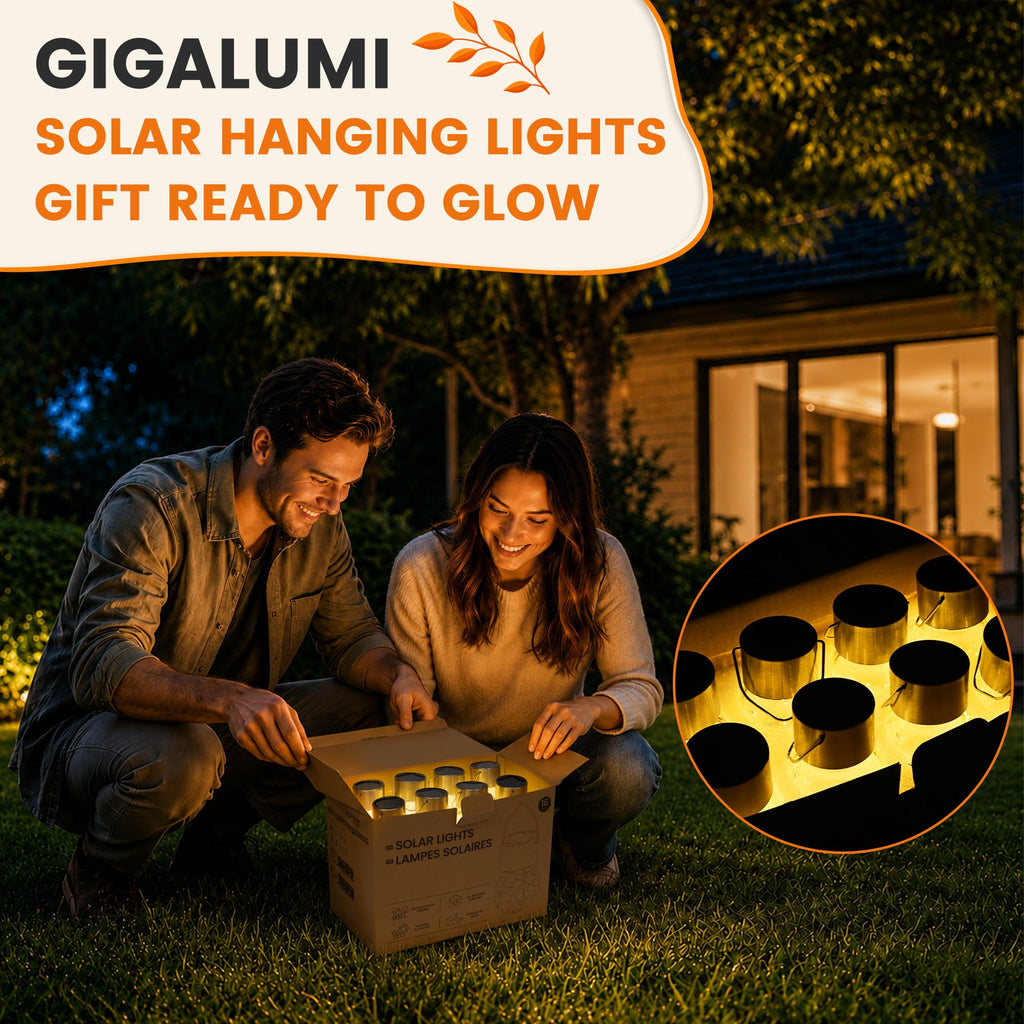 GIGALUMI Solar Lights Outdoor Hanging Lantern Garden Decor for Outside 12Pc
