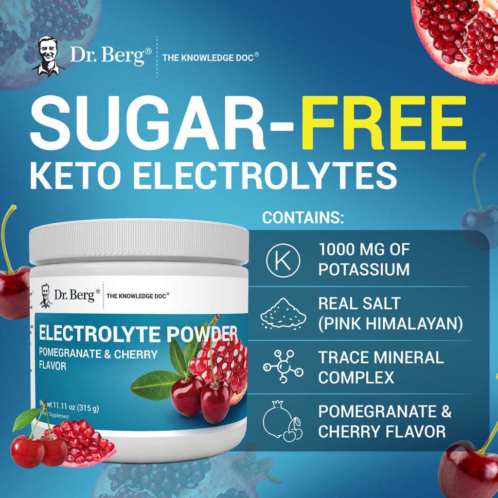 Dr. Berg Zero Sugar Hydration Keto Electrolyte Powder - Enhanced w/ 1000 mg of Potassium & Real Pink Himalayan Salt (NOT Table Salt) - Pomegranate and Cherry Hydration Drink Supplement - 50 Servings
