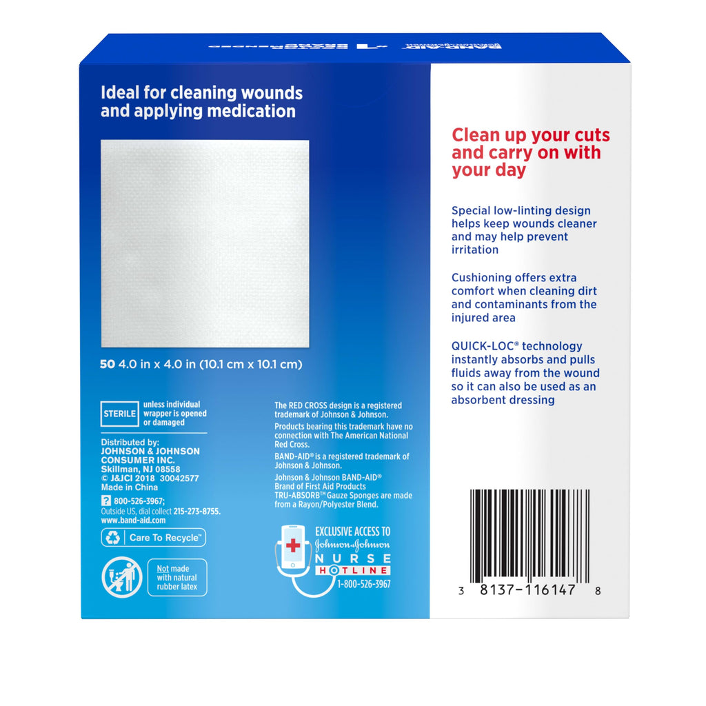 BAND-AID Brand Tru-Absorb Gauze Sponges, Large Size, 4 in x 4 in, 50 Count