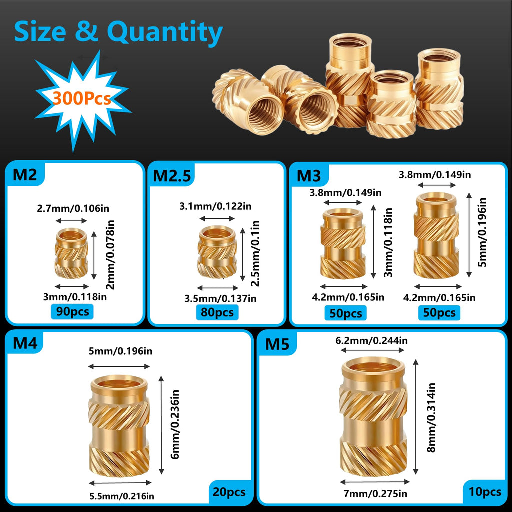 FFVRVSS M2 M2.5 M3 M4 M5 M6 Premium Brass Threaded Inserts, Metric Brass Knurled Nuts Assortment Kit, with Heat Set Insert Tool, for Plastic and 3D Printing Components. (320Pcs M2-M5 Kit+Tools)